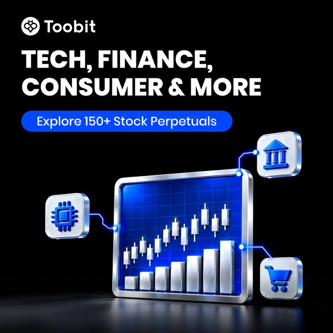 A promotional advertisement for Toobit cryptocurrency exchange featuring the text 'TECH, FINANCE, CONSUMER & MORE' and 'Explore 150+ Stock Perpetuals' alongside 3D icons of charts, a bank, processor, and shopping cart on a blue screen.