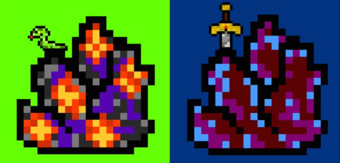 Two pixel-art NFT characters from the Rockateral collection are displayed side by side: a fiery, volcanic creature on a green background and a red, crystalline beast pierced by a sword on a blue background, both fitting the "RockGuardians" theme of the giveaway.