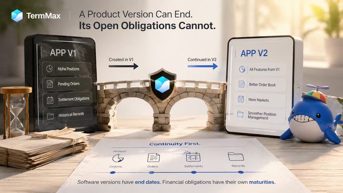 TermMax highlights the transition from APP V1 to APP V2, symbolizing the continuity of financial obligations despite product version changes. This visual represents the roadmap described in the accompanying post, where V1 will be deprecated and V2 will become the default.