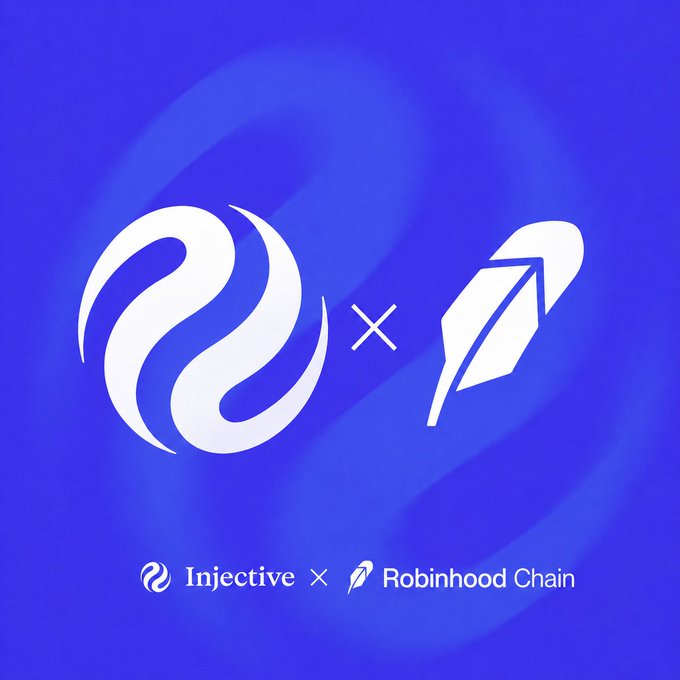 A blue graphic displaying logos for 'Injective × Robinhood Chain' indicating a partnership between the two platforms.