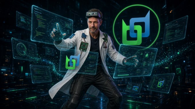 A digitally created image showing a bearded person in a lab coat wearing a VR headset, surrounded by floating holographic screens and a large green and blue logo.