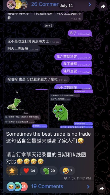 A screenshot showing a July 9th chat log with a friend complaining about SpongeBob ("这不是吃鱼打算买点海力士"), followed by a July 14th Telegram post stating "Sometimes the best trade is no trade 这句话含金量越来越高了家人们" with 4.5K views, illustrating the meme about how calling off a trade proved wiser than buying SK Hynix shares that subsequently declined.