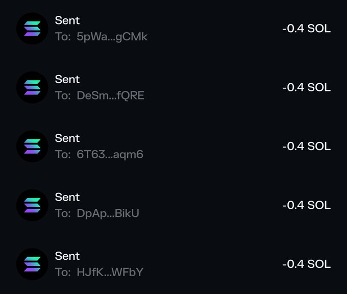 A screenshot of a Solana wallet transaction history showing five consecutive "Sent" transfers of -0.4 SOL each to partially obscured wallet addresses (5pWa...gCMk, DeSm...fQRE, 6T63...aqm6, DpAp...BikU, and HJfK...WFbY), visualizing the "Who's next?" airdrop-style money distribution referenced in the post.