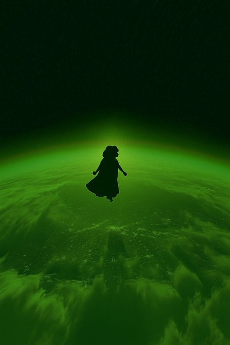 A silhouette of a girl in a dress appears to float above a green-tinted view of Earth, creating an ethereal, otherworldly scene.