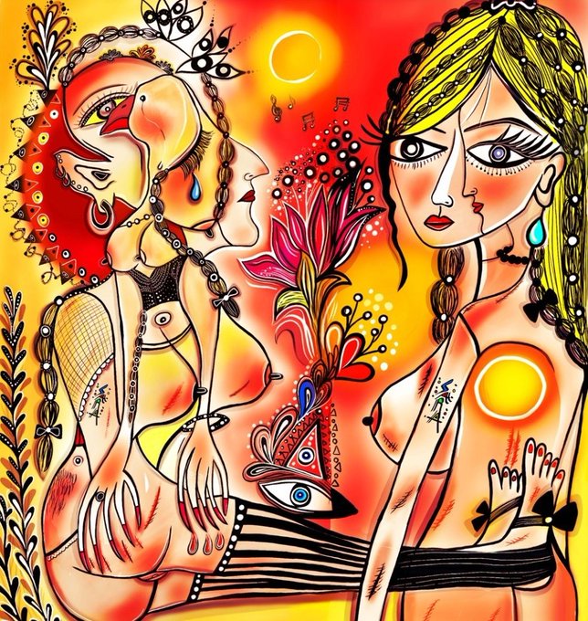 A vibrant, surrealist painting featuring abstract female figures with elongated features, decorated with patterns, flowers, and butterflies, set against a bright yellow and orange background.