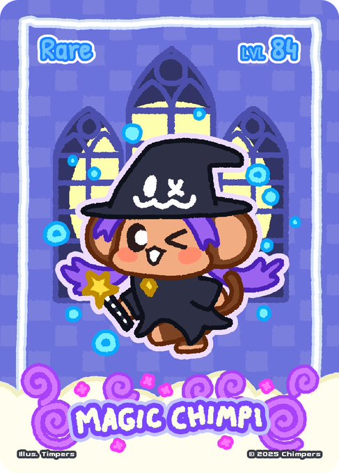 Digital collectible card titled 'MAGIC CHIMPI' labeled as 'Rare' at 'LVL 84', featuring a cartoon monkey wearing a wizard hat and holding a star-tipped wand.