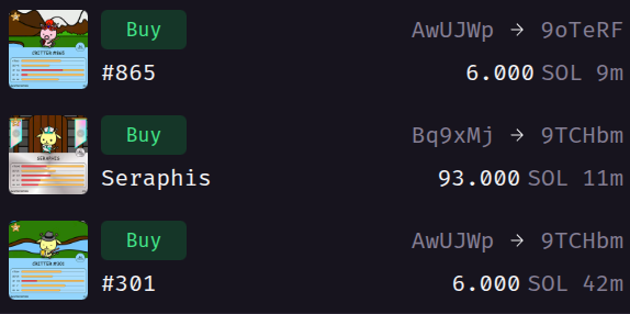 A digital marketplace listing displays three NFT items for sale: #865 for 6.000 SOL, Seraphis for 93.000 SOL, and #301 for 6.000 SOL.