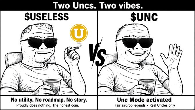 A meme comparing two cryptocurrencies titled "Two Uncs. Two vibes." with "$USELESS" on the left described as "No utility. No roadmap. No story. Proudly does nothing. The honest coin." and "$UNC" on the right described as "Unc Mode activated, Fair airdrop legends, Real Uncles only."