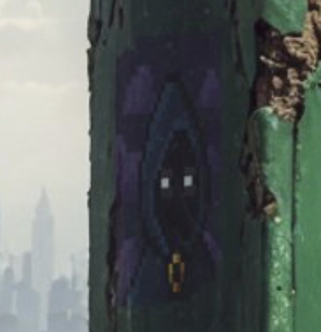 A hooded figure in a purple cloak with glowing white eyes emerges from within a large green metallic structure, set against a hazy cityscape skyline. The mysterious, NFT-like artwork ties into the post's nostalgic nod to crypto-art culture, suggesting the speculative question of whether NFTs are making a comeback.