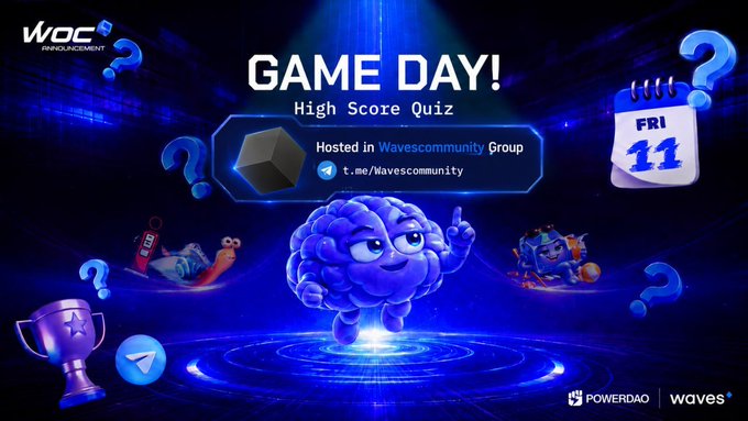 A 'GAME DAY! High Score Quiz' promotional graphic hosted in Wavescommunity Group, dated FRI 11, featuring a brain character mascot.