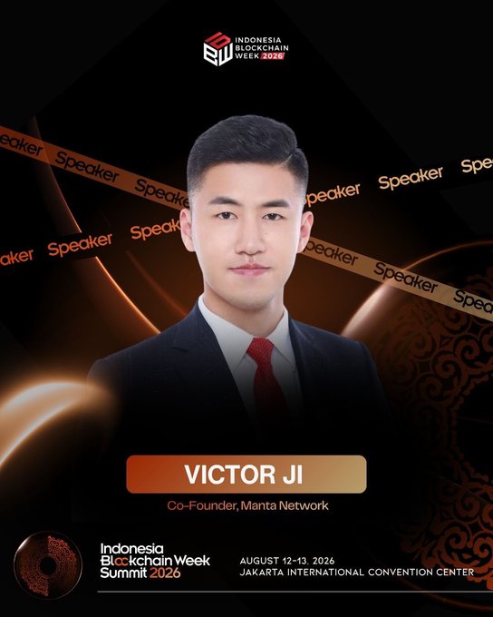 A promotional speaker poster for 'Indonesia Blockchain Week 2026' featuring Victor Ji, Co-Founder of Manta Network, dated August 12-13, 2026 at the Jakarta International Convention Center.