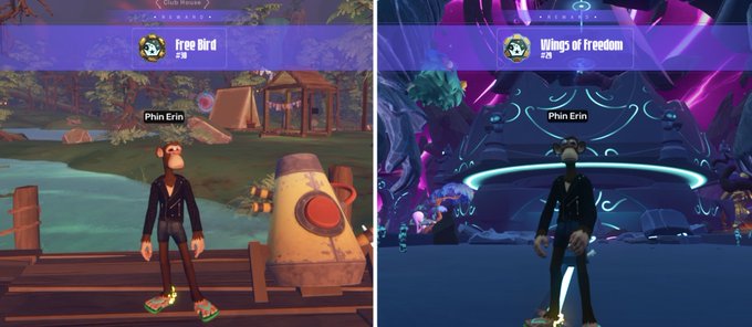 Two side-by-side video game screenshots from a creature-collection game showing a monkey character (Phin Erin) in different club house environments, with badges reading 'Free Bird #9' and 'Wings of Freedom #9'.