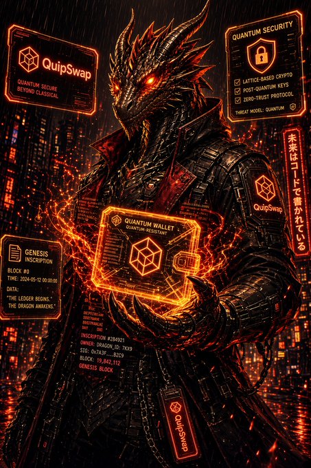 A digital artwork featuring a dragon-like cyborg creature with glowing red eyes surrounded by orange holographic cryptocurrency interface panels displaying 'QuipSwap', 'QUANTUM WALLET', 'QUANTUM SECURITY', and 'GENESIS INSPECTION' text.