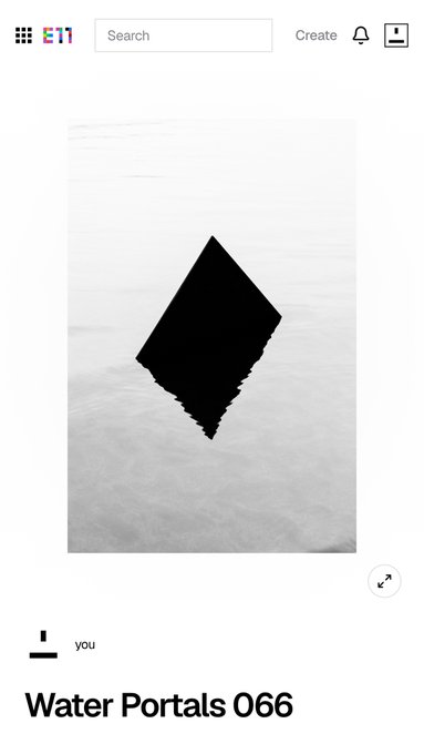 A minimalist mobile interface displaying a black geometric diamond shape against a cloudy sky, titled 'Water Portals 066' by user 'you'.