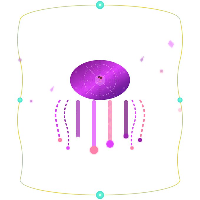A vibrant digital illustration depicts an abstract purple jellyfish-shaped figure with a spherical, grid-patterned bell and flowing tentacle-like streaks in pink, magenta, and purple hues. The composition is framed by a soft yellow rounded border with cyan corner accents, and is accented by small floating geometric shapes—triangles, diamonds, and circles—in complementary pastel tones. The artwork aligns with the title "Bestie #36: Kaleidoscope Jellyfish," as the kaleidoscopic color palette of pinks and purples, combined with the radial grid on the bell, evokes the vibrant, symmetrical patterns of a kaleidoscope, while the trailing strands distinctly render the jellyfish form.