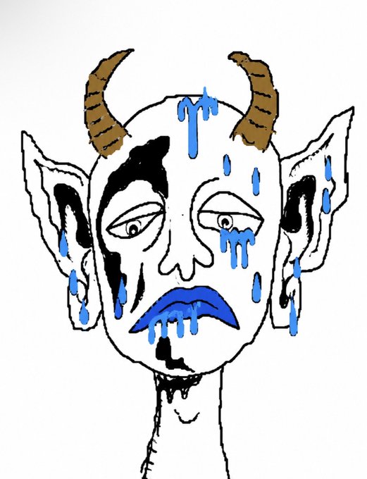 A crude digital drawing of a demonic, horned face with pointed ears, exaggerated asymmetrical features, and blue tears or drool dripping from its eyes, forehead, and blue lips. The unsettling, meme-like quality of the artwork matches the playful tone of the "new art upgrade" post.