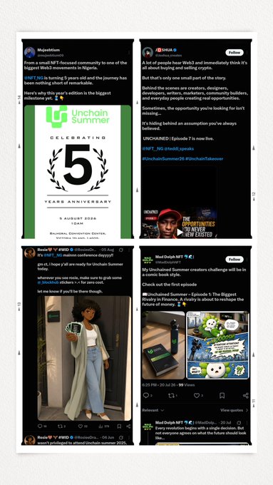 A collage of four tweets about Unchain Summer's 5-year anniversary, featuring a celebratory laurel graphic dated August 2025, reactions from BitLux and Mad Ducks NFT, and promotional images of the campaign.
