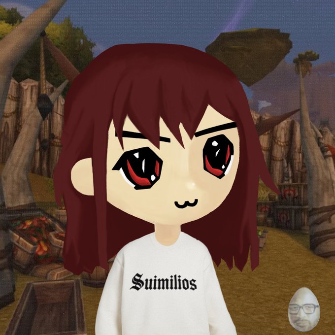A chibi-style anime avatar of a girl with long dark red hair and red eyes wearing a white 'Suimilios' t-shirt, set against a video game village background.
