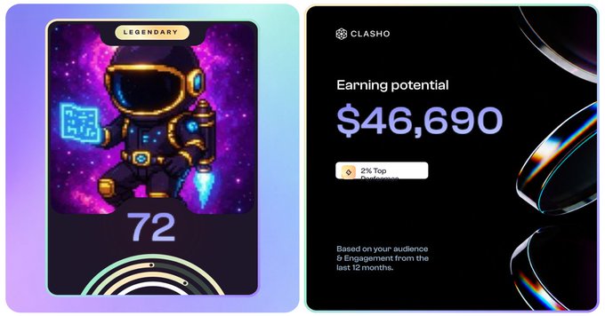 A digital dashboard for 'CLASHO' shows an 'Earning potential' of $46,690, noting 'Based on your audience & Engagement from the last 12 months', alongside a 'LEGENDARY' collectible astronaut NFT numbered 72.