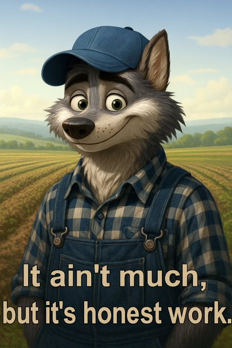 An illustration of a wolf character dressed as a farmer in a plaid shirt, overalls, and blue cap, standing in a field with the caption 'It ain't much, but it's honest work.'