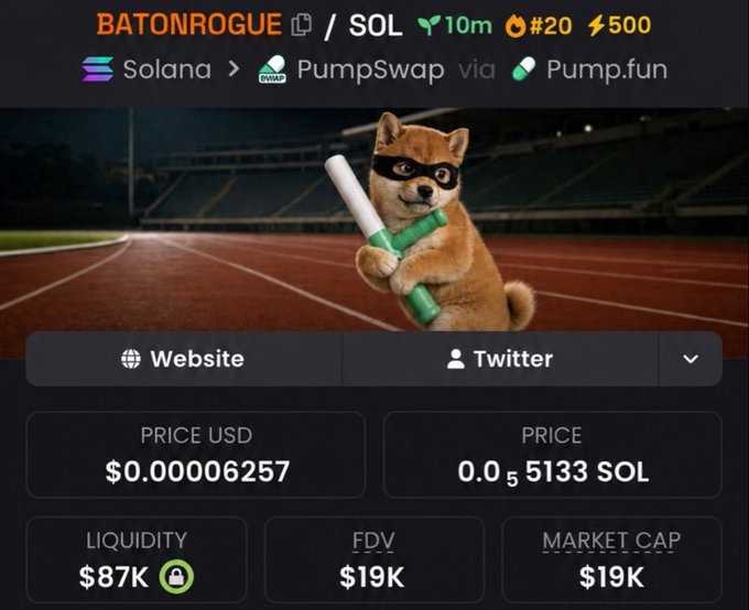 A PumpSwap/Pump.fun crypto token page for 'BATONROGUE' on Solana showing a Shiba Inu dog in a mask with a relay baton, priced at $0.00006257 with $87K liquidity.