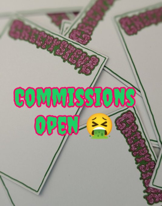 Several business cards with 'GREEKSTREETCLUB' in pink graffiti-style text are spread out, with 'COMMISSIONS OPEN' and a nauseated face emoji overlaid.