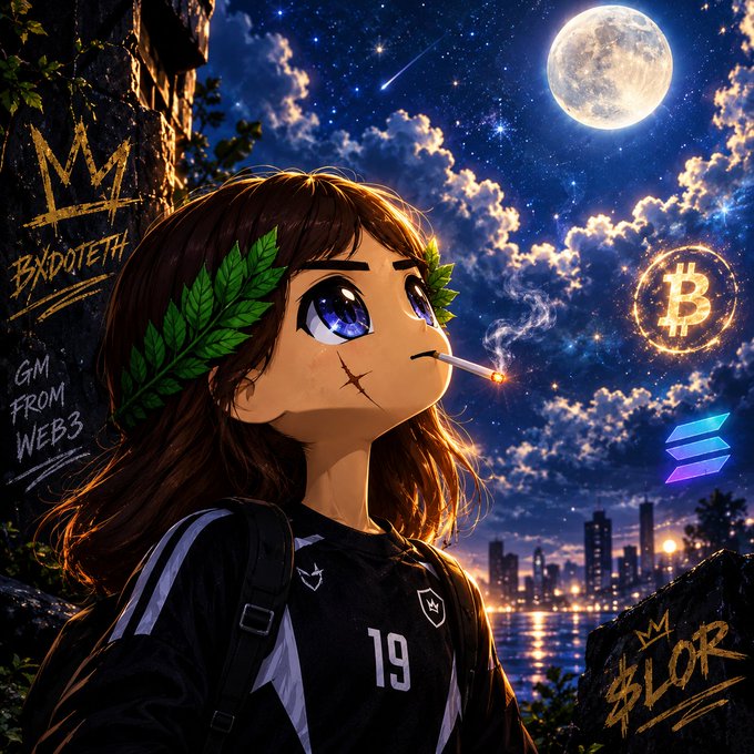 A digital illustration of an anime-style girl with a leaf crown smoking a cigarette, with text reading 'BXDTOTH', 'GM FROM WEB3', and '$LOR', alongside Bitcoin and Solana logos against a starry night sky.