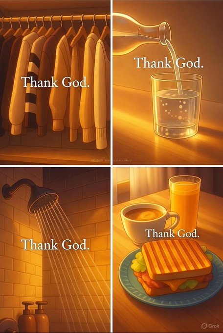 A four-panel grid illustration shows a closet of clothes, milk being poured into a glass, a shower running, and a sandwich with a drink, each captioned with the text 'Thank God.' and attributed to 'Grok'.