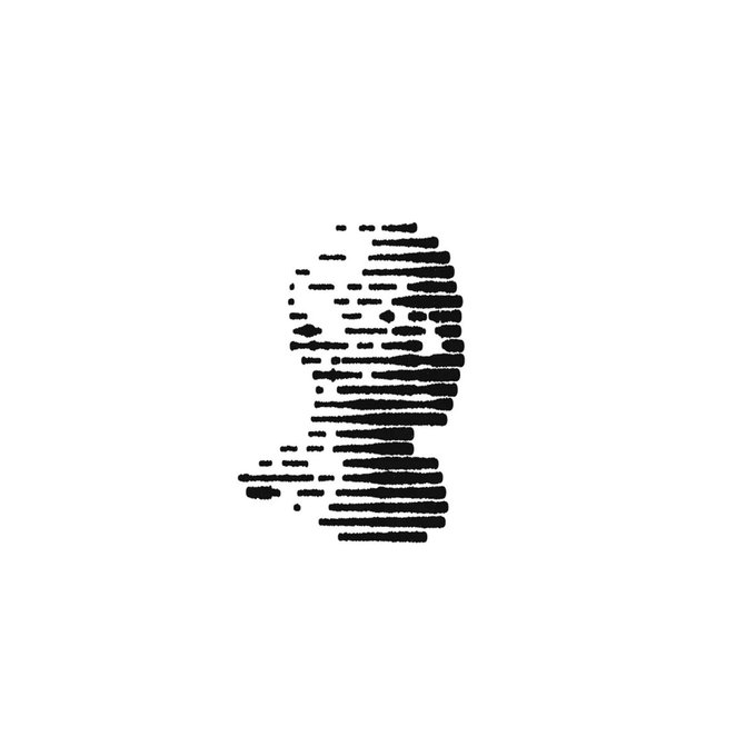 A minimalist portrait of a face rendered using horizontal black lines of varying thickness on a white background.