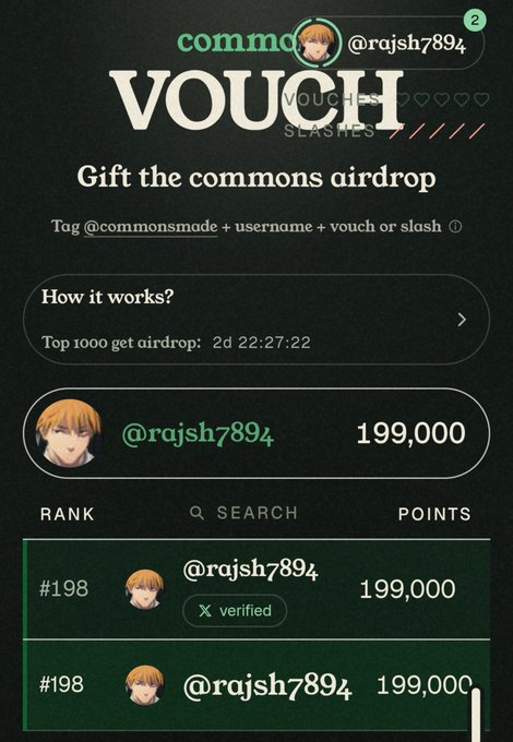 A screenshot from the Commons app showing user @rajsh7894 holding 199,000 vouches and ranking #198 in "Vouch Slashes," accompanying a post thanking supporters and providing instructions for others to vouch.