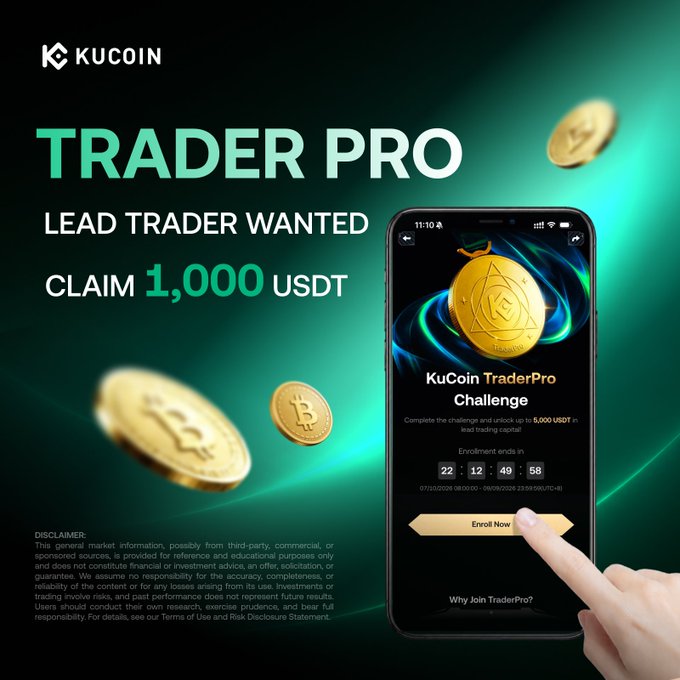 A KuCoin promotional graphic advertises a "Trader Pro Challenge" offering 5,000 USDT in lead trading capital, with bold text reading "LEAD TRADER WANTED – CLAIM 1,000 USDT" alongside an image of a smartphone displaying the KuCoin TraderPro Challenge enrollment page with an "Enroll Now" button and a countdown timer.