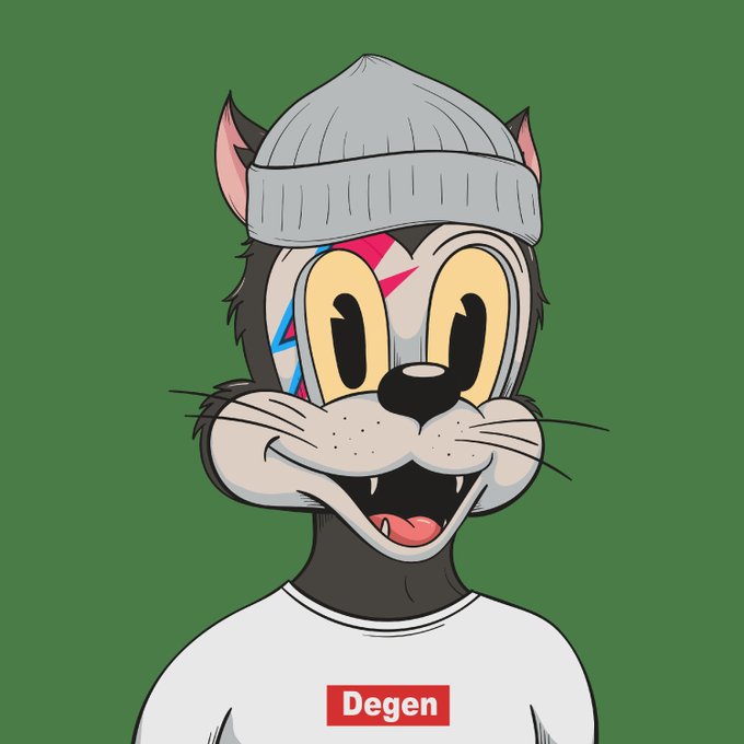 A cartoonish gray cat character wearing a gray beanie and a white t-shirt with the word "Degen" on it, representing an OG Toon from the Degen Toonz collection.