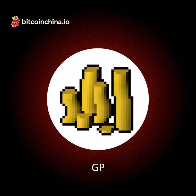 A dark red graphic displays pixelated gold bars in a white circle labeled 'GP' with 'bitcoinchina.io' in the top left corner.