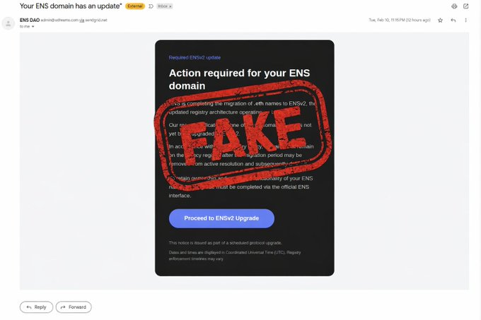The image shows an email screen with a red stamp that says "FALSE" written in bold letters. The email appears to be from ENS users, possibly informing them about a security update or warning them against phishing attempts. The message emphasizes the importance of staying vigilant and not clicking on suspicious links or providing personal information to unknown sources.