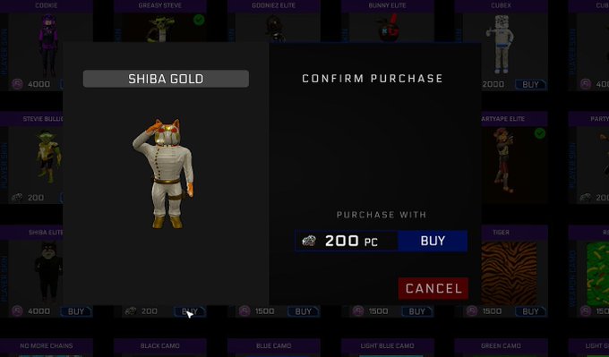 A 'CONFIRM PURCHASE' screen for a 'SHIBA GOLD' character skin costing 200 PC (player coins), with a fox-like character in white and gold attire.