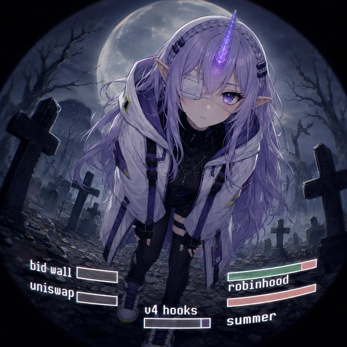An anime-style horned character with purple hair stands in a moonlit graveyard, overlaid with crypto-related UI bars labeled "bid wall" (uniswap), "v4 hooks," "robinhood," and "summer." The image visually represents the post's theme of increasing trading volume strengthening buy-side support walls in DeFi markets.