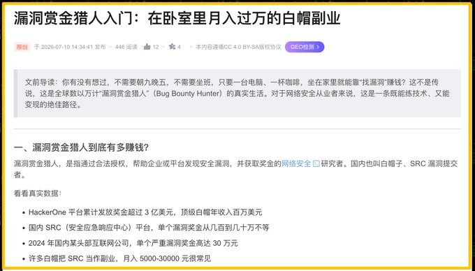 The image shows a Chinese blog post titled "漏洞赏金猎人入门：在卧室里月入过万的白帽副业" (Bug Bounty Hunter Beginner's Guide: A White Hat Side Gig Earning 10K+ Monthly from Your Bedroom), featuring statistics such as HackerOne's $300M+ payout record and 30万 (~$42K) rewards for severe vulnerabilities. The post serves as the promised introductory tutorial on bug bounty hunting referenced in the author's comment about their 2022 "薅羊毛" program.