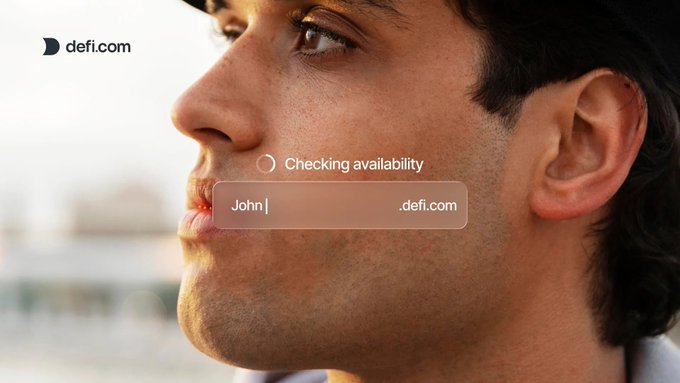 A profile shot of a man looking forward with a digital overlay showing 'defi.com' and a search bar displaying 'Johnl' with the text 'Checking availability' above it.