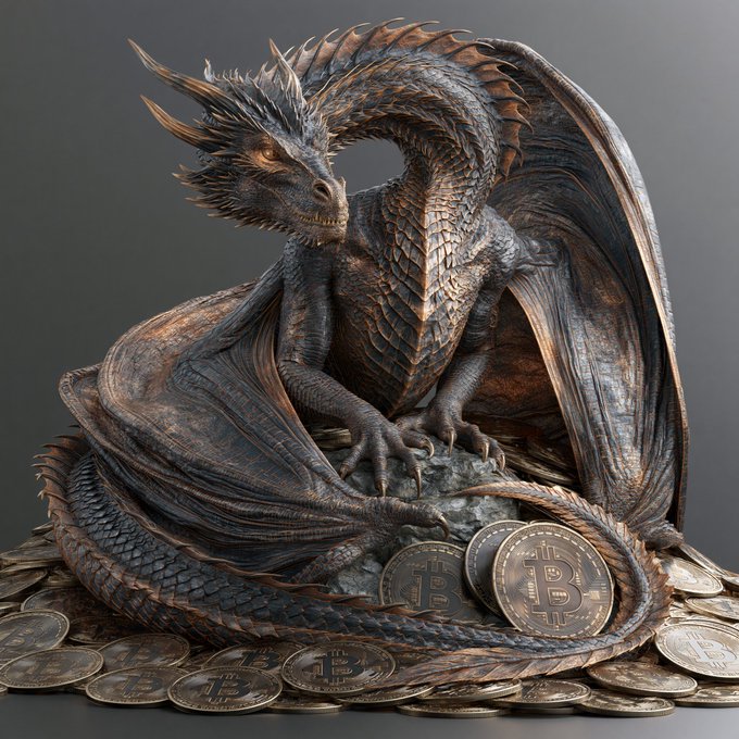 A highly detailed bronze dragon sculpture coils protectively atop a hoard of physical Bitcoin tokens emblazoned with the iconic "₿" symbol, visually embodying the "hodl" mentality of guarding and accumulating crypto wealth. The dragon's fierce, watchful gaze over its treasure reinforces the post's message of steadfast holding.