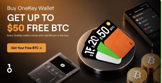The image shows a banner advertisement for a OneKey wallet, offering users 50 free Bitcoins with their purchase of the wallet. The price is set at $50. In addition to the offer, there are three coins visible in the image – one green, one black, and one orange, placed on a table next to an open laptop screen showcasing the Bitcoin mining process.