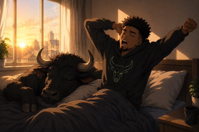 An illustrated scene of a young man yawning and stretching in bed wearing a black Bulls hoodie, with a large black bull resting beside him against a sunset city backdrop.
