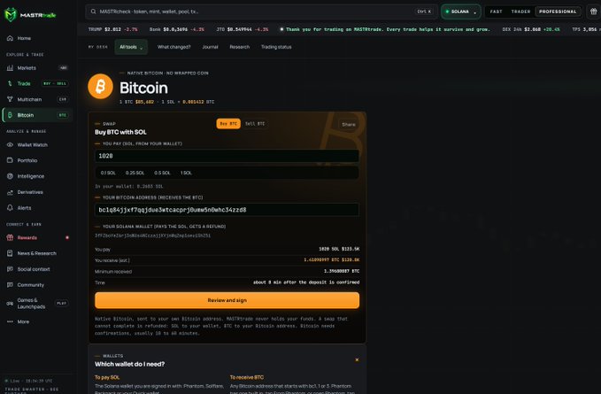 A MASTrade Bitcoin exchange platform screenshot showing BTC price at $85,602, with options to buy BTC with SOL, including SOL and BTC wallet addresses and transaction amount of 1020 SOL for 0.0121 BTC.