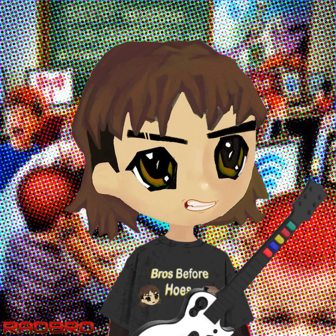 A chibi-style cartoon avatar with brown hair and large eyes is set against a vibrant halftone pop-art background, wearing a black t-shirt reading "Bros Before Hoes" and holding a white video game controller while a black guitar neck extends beside them, with the "RADBRO" logo in the bottom left corner matching the referenced brand.