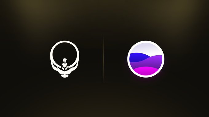 Two circular logos are displayed side by side against a dark background: a white Spartan-style helmet emblem on the left, and a gradient purple and pink wave design on the right, representing a partnership between Titan and Triton on Solana.