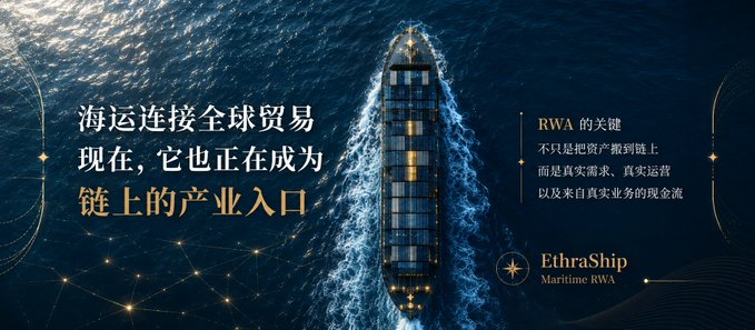 A dark blue banner featuring an aerial view of a container ship at sea, with Chinese text about maritime trade becoming an on-chain industry gateway, and the EthraShip 'Maritime RWA' branding.