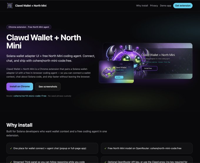 Marketing page for 'Clawd Wallet + North Mini' Chrome extension, described as a 'Solana wallet adapter UI + free North Mini coding agent' that pairs a Solana wallet adapter UI with a free in-browser coding agent.