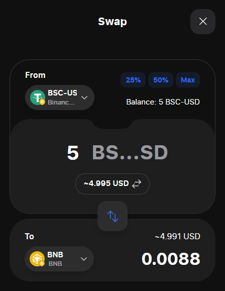 A cryptocurrency swap interface showing an exchange of 5 BSC-USD (~$4.995) to BNB at a rate of ~4.991 USD, receiving 0.0088 BNB.