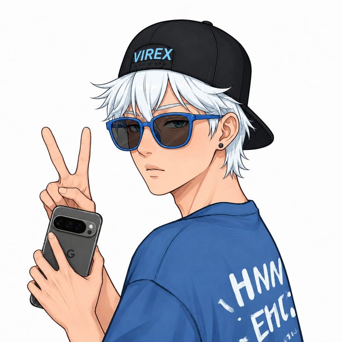 An anime-style illustration of a white-haired character wearing a black 'VIREX' cap backwards, blue sunglasses, and a blue shirt, making a peace sign while holding a Google Pixel phone.