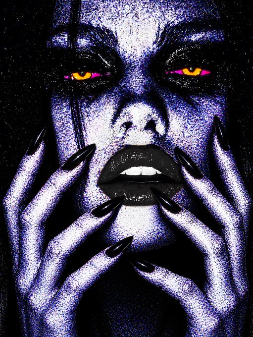A close-up, high-contrast stylized portrait of a face with purple-toned skin, glowing yellow eyes, and hands with long black nails framing the mouth.