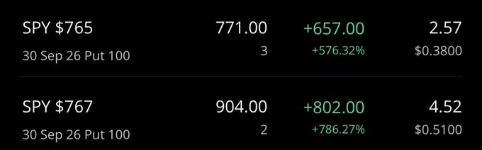 A dark-themed financial dashboard showing significant gains for 'SPY $765' (771.00, +657.00, 2.57) and 'SPY $767' (904.00, +802.00, 4.52) put options, along with percentages like +576.32% and +786.27%.